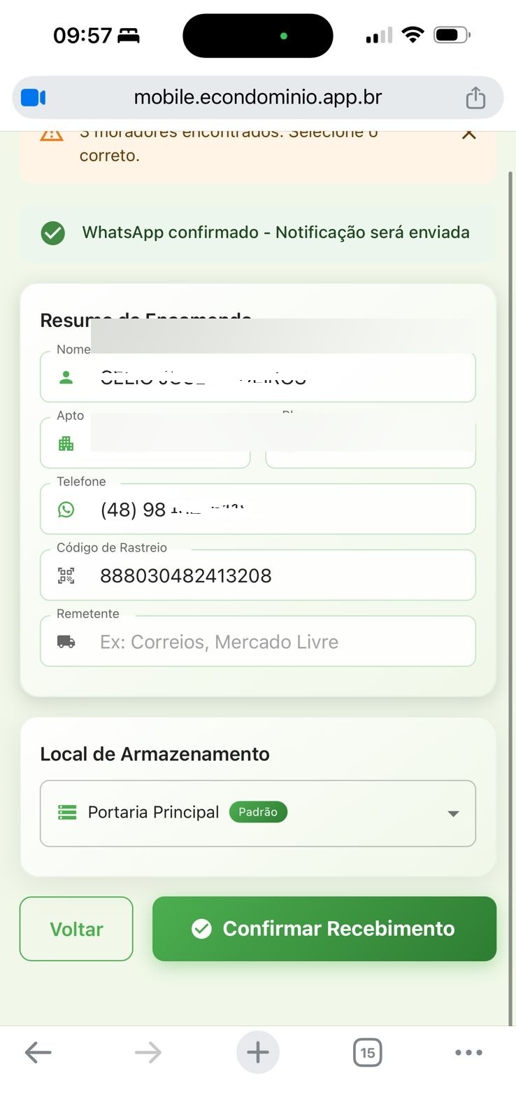 Tela de confirmação